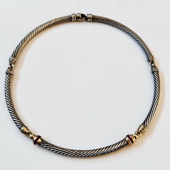 David Yurman Two Tone 925 14k Gold Ruby Cable Link Choker Necklace - Picture 2 of 13